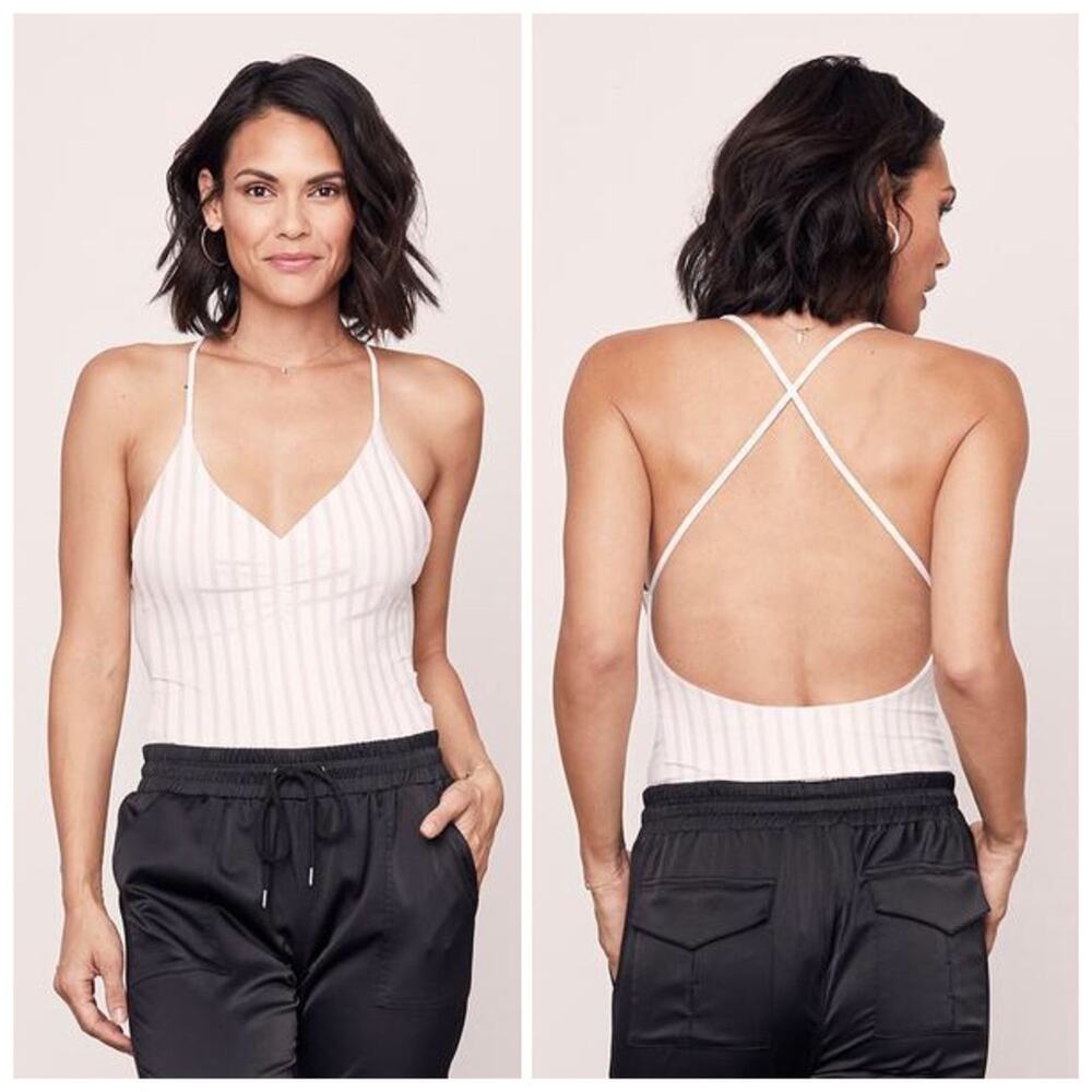 David Learner NWT Bodysuit White & Beige Striped V-neck Ruched Top